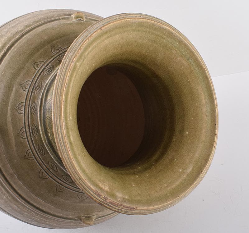 中国　緑釉　花卉文　四耳壷　V　R3585C