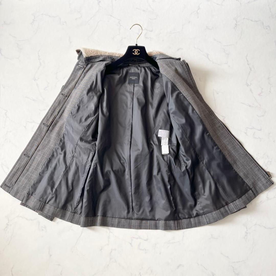マックスマーラ チェック柄 ボアファー付 ベルト付 ジャケット 灰 XL