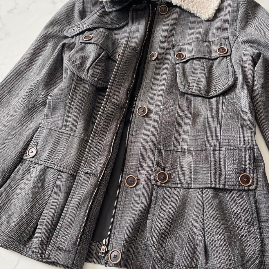 マックスマーラ チェック柄 ボアファー付 ベルト付 ジャケット 灰 XL