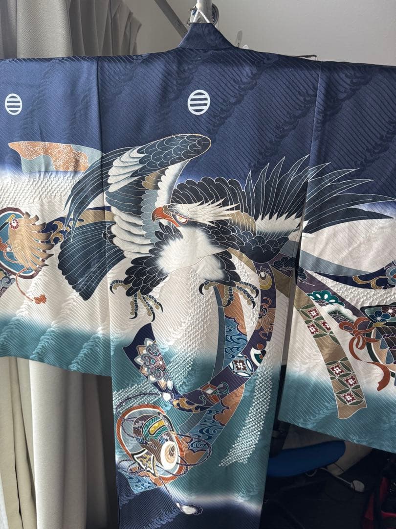 【美品】産着 男の子 鷹 青 白 一つ身 お宮参り 祝い着