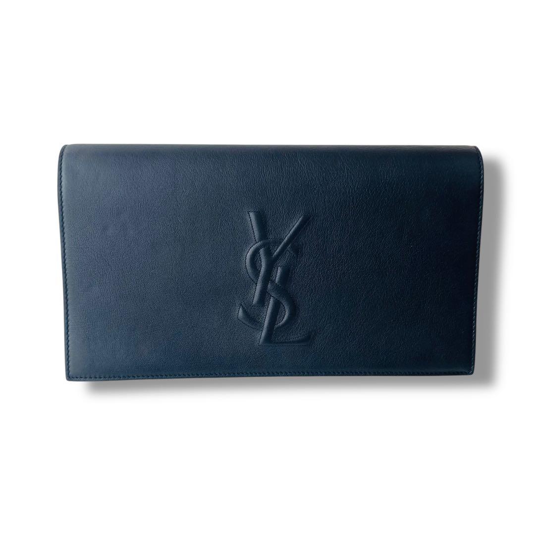 美品 濃紺 サンローラン クラッチバッグ カサンドラ ロゴステッチ パーティー