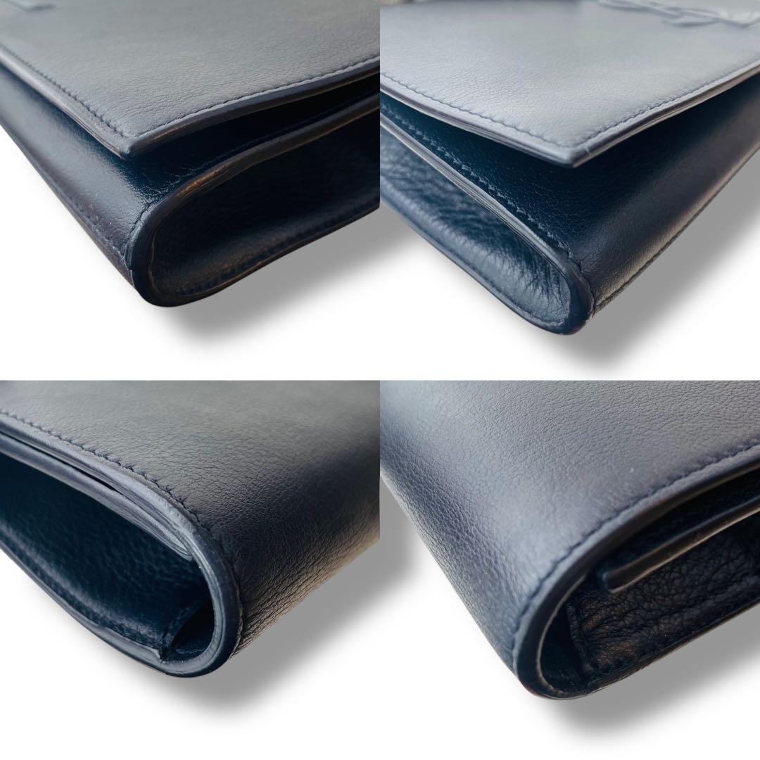 美品 濃紺 サンローラン クラッチバッグ カサンドラ ロゴステッチ パーティー