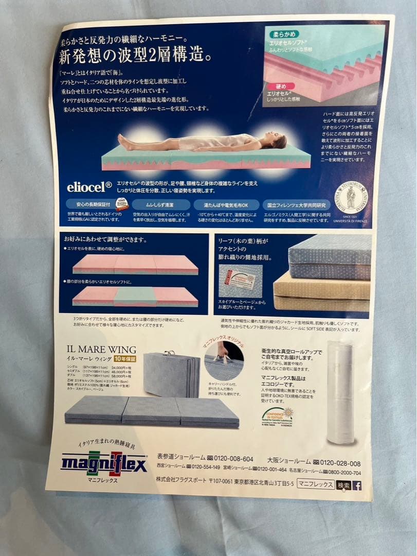 マニフレックス Sイルマーレウイング シングルサイズ 三つ折り マットレス