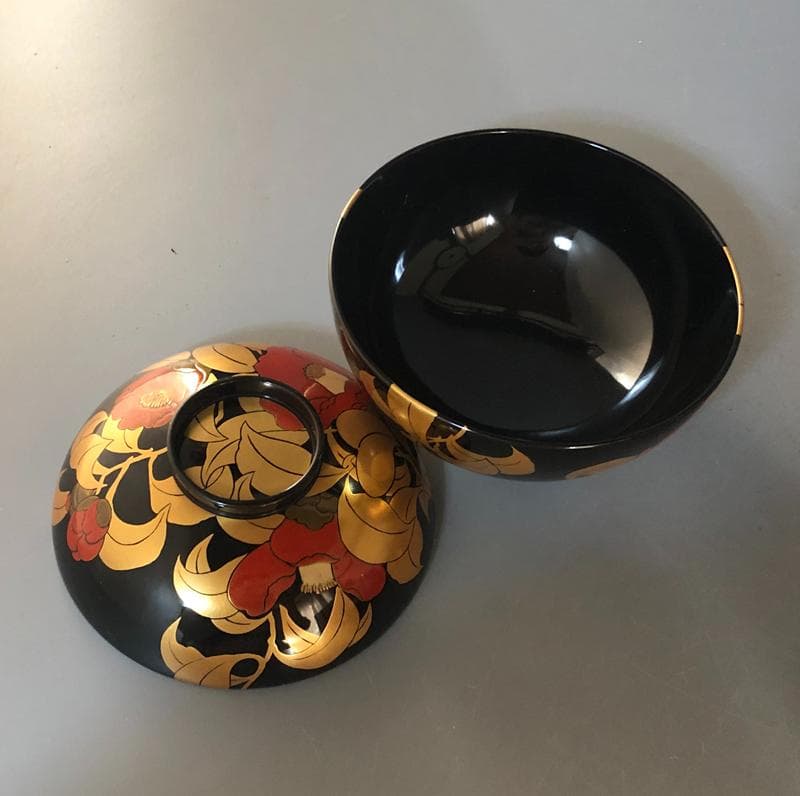 ◆506◆椿蒔絵　仙才吸物椀　木製漆器 平安堂 造 己ん典 作　五客 懐石