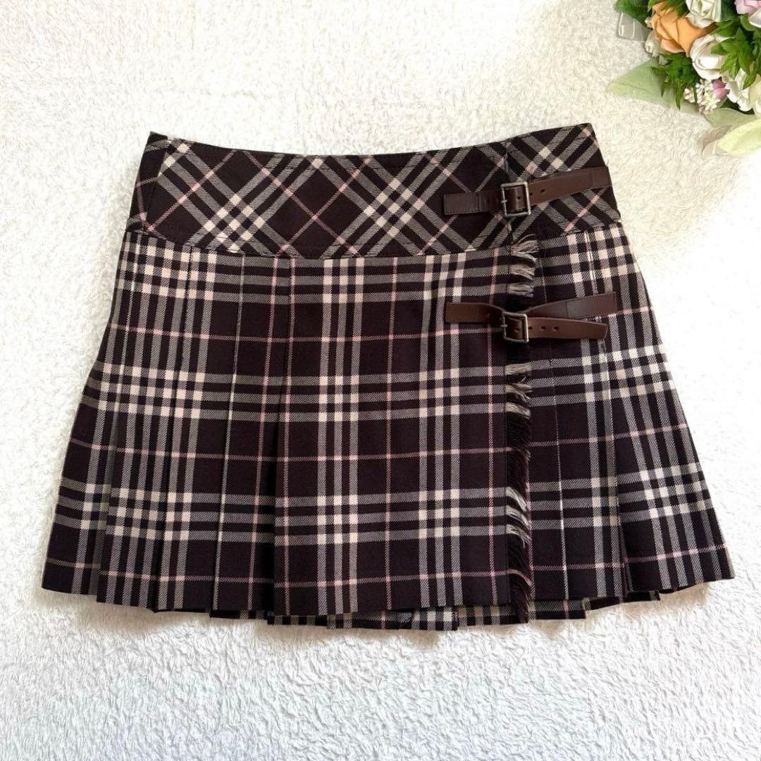 極秘品♡BURBERRY ウール チェック ラップ プリーツ ミニスカート 36