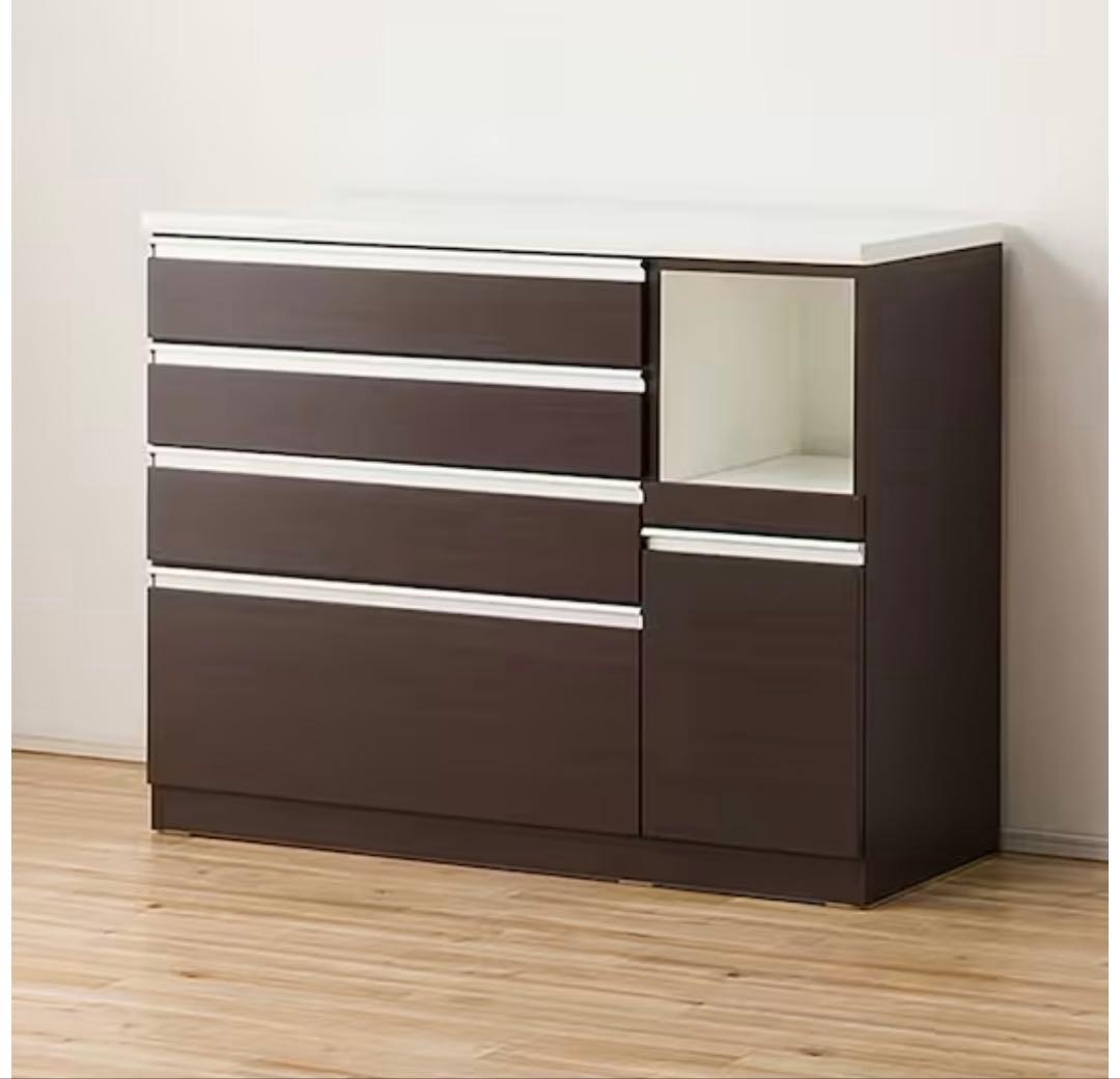 キッチンカウター　キッチンボード 食器棚 4段引き出し付き　ダークブラウン