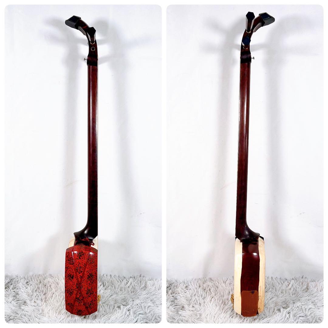 津軽三味線 紅木 太棹 東さわり　本皮 金細 二本溝 綾杉胴 現状品