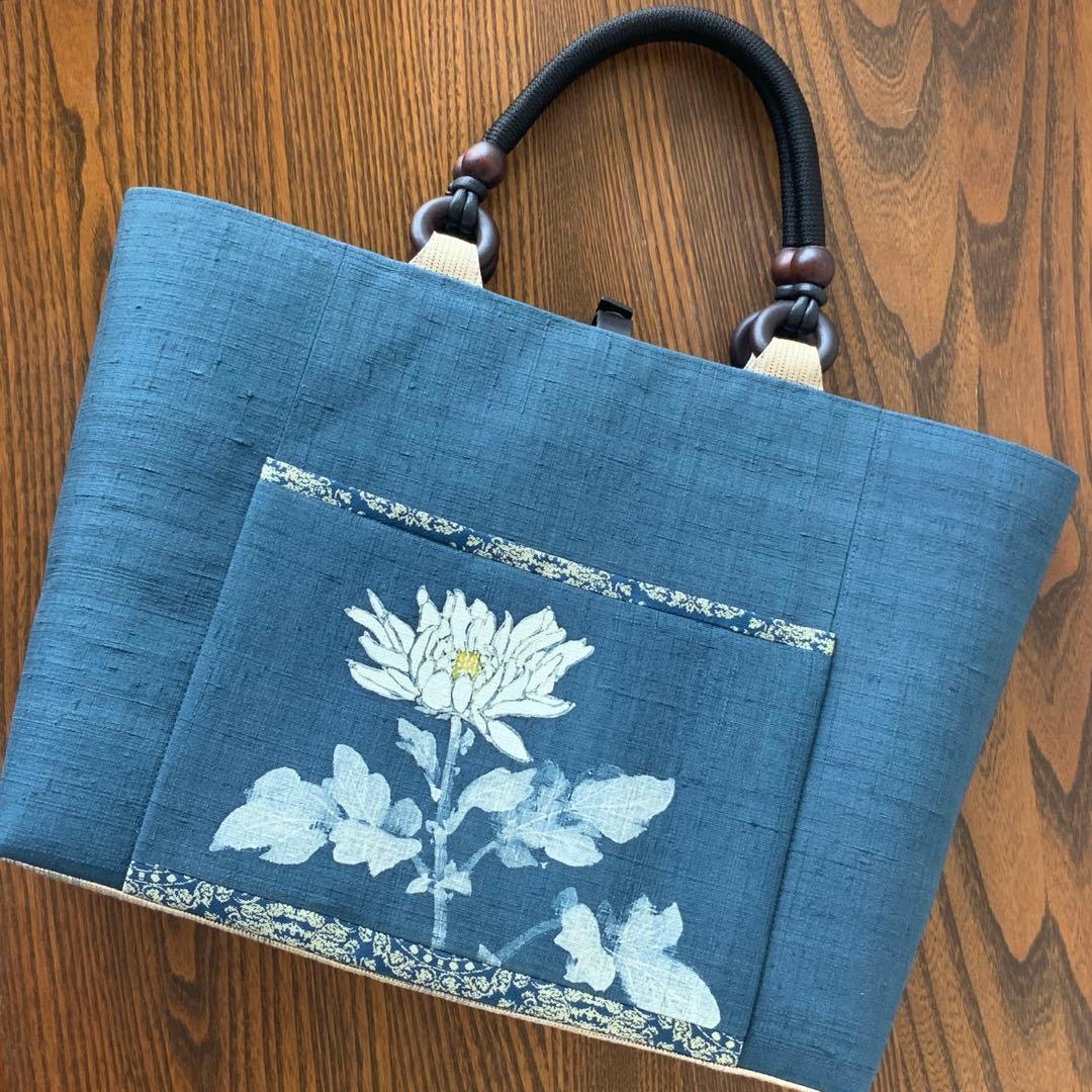 A4サイズ対応　紬帯　白菊の花　リメイク　江戸打紐ハンドルバッグ