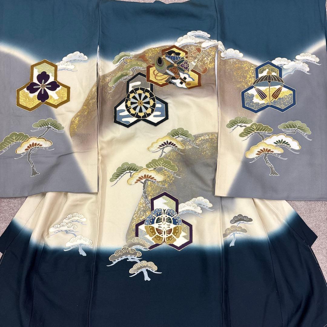 みぃ祝箱入新品正絹祝着京友禅高級手描き染、豪華ボカシ盛本金入大王松宝尽し文