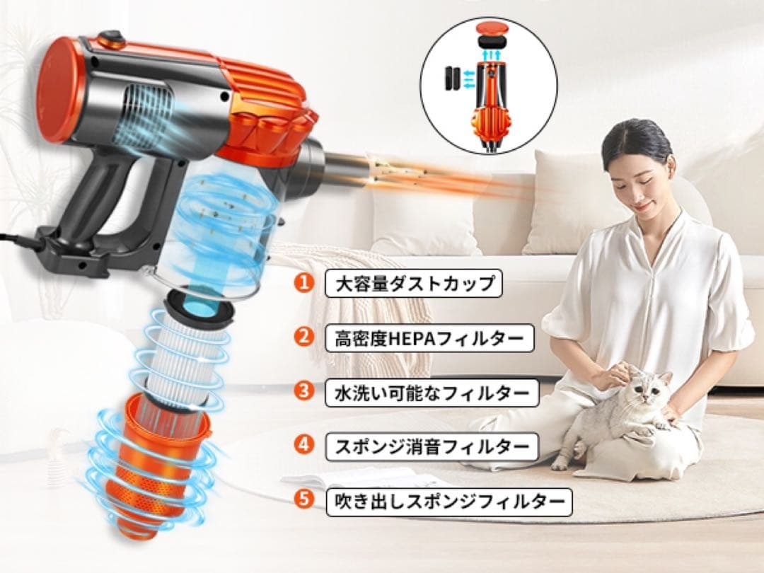 サイクロン掃除機　600W 超強力吸引 スティッククリーナー HEPAフィルター