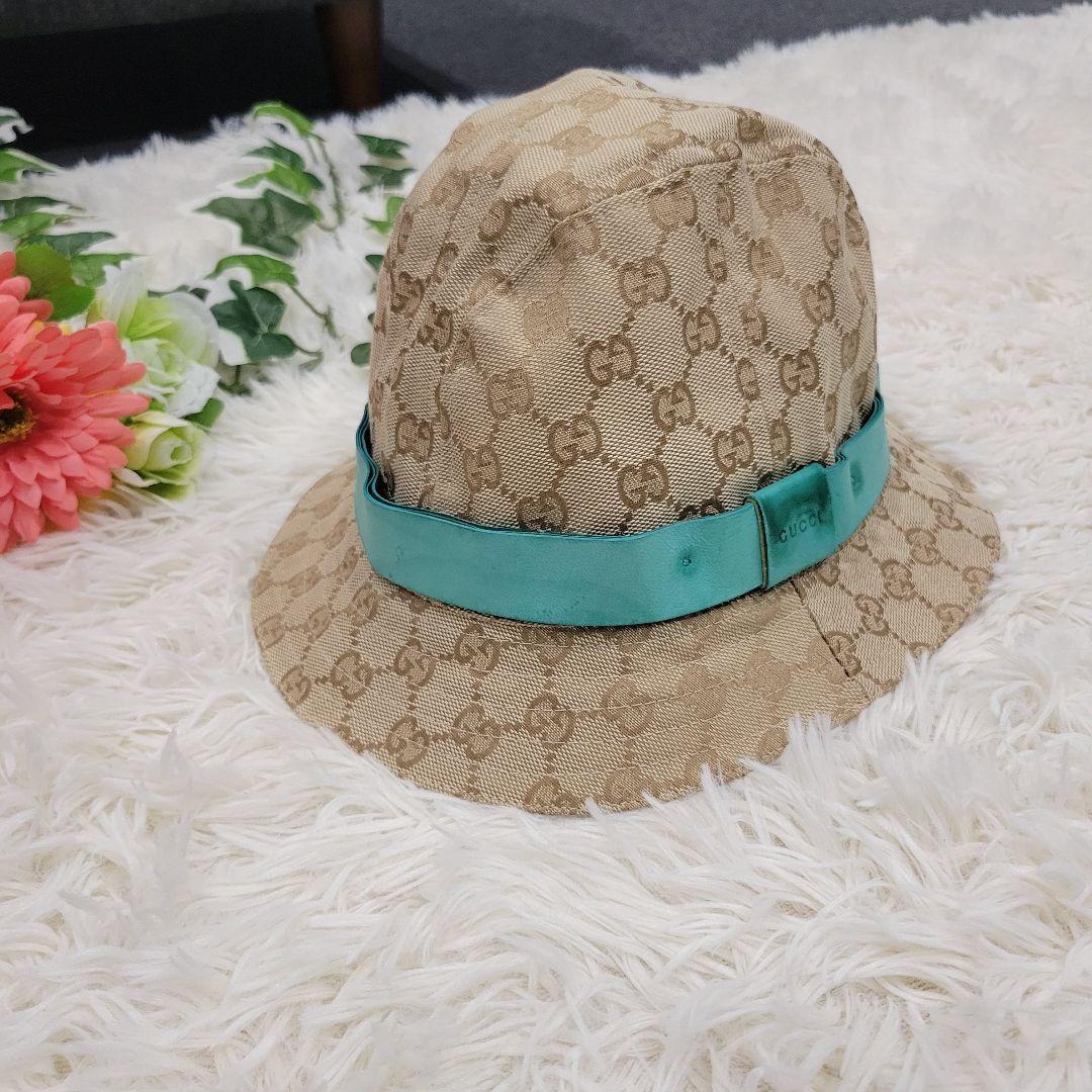 GUCCI　グッチ　総柄　ブルーリボン　バケットハット　帽子　キャップ