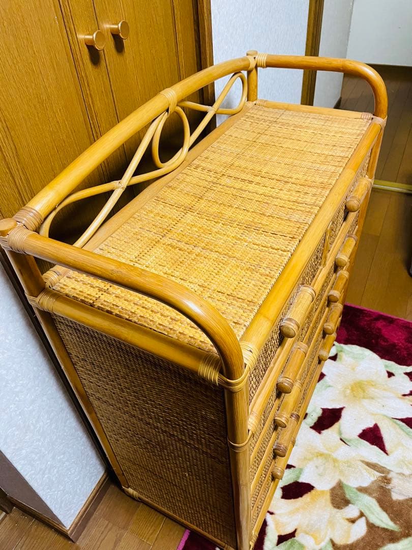 昭和レトロ　ラタン製チェスト 6引き出し ナチュラルウッド