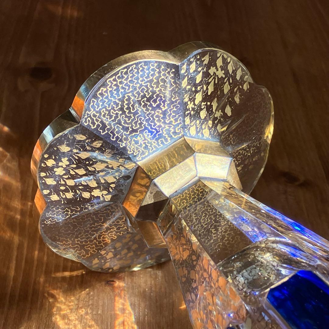 ボヘミアガラスの花瓶 ボヘミアプラチナ深い 青色 花器 中古品 旧チェコ