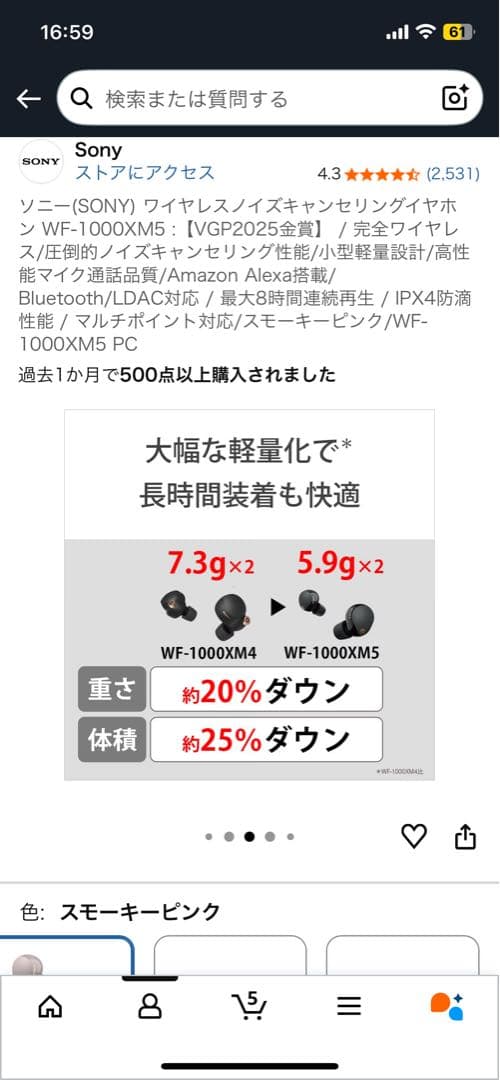 Sony WF-1000XM5 ワイヤレスイヤホン スモーキーピンク