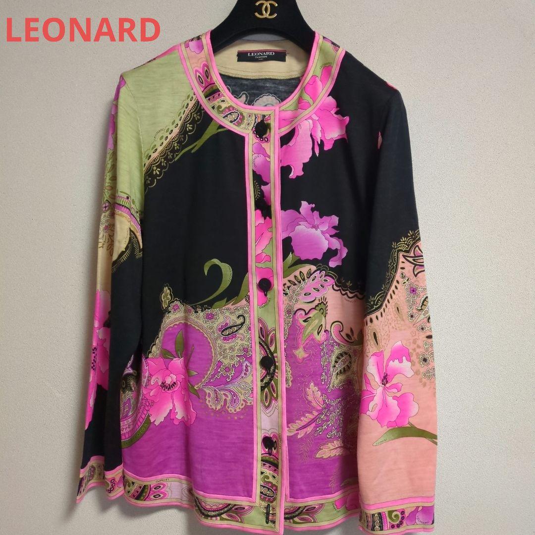 LEONARD シルクウール　フラワーパターン カーディガン　LL
