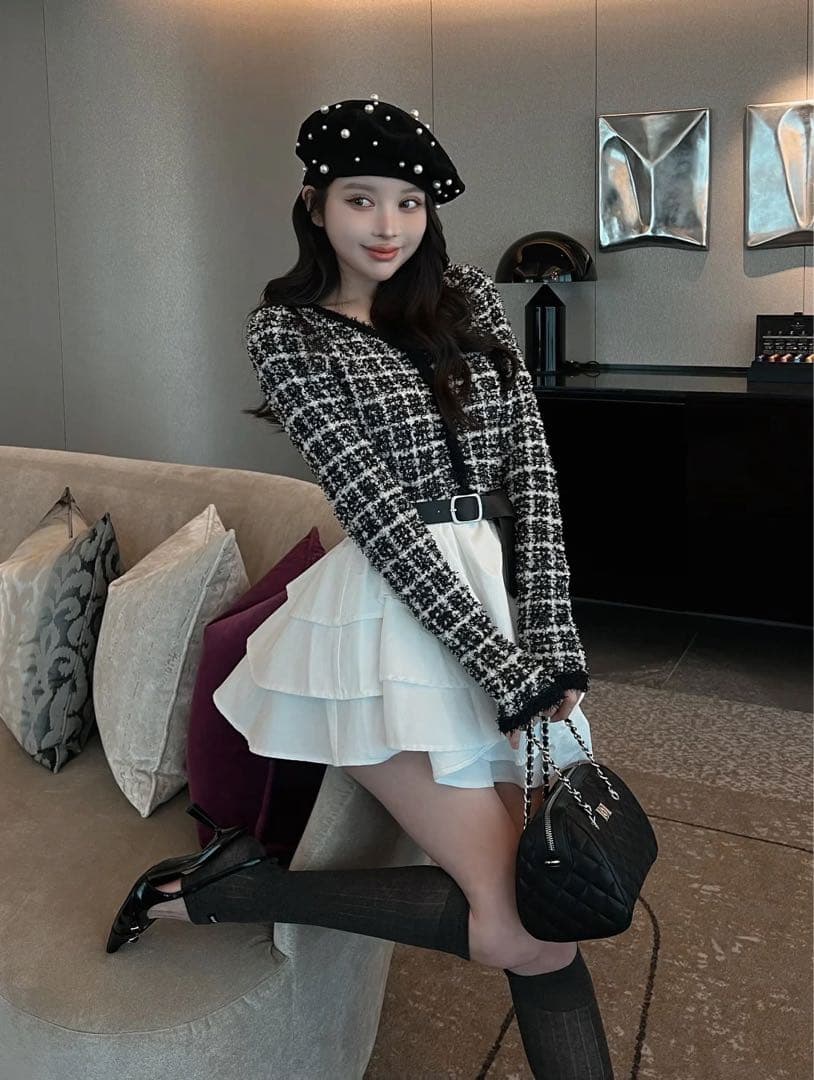 Darich ボリュームフリルツイードニットミニワンピース