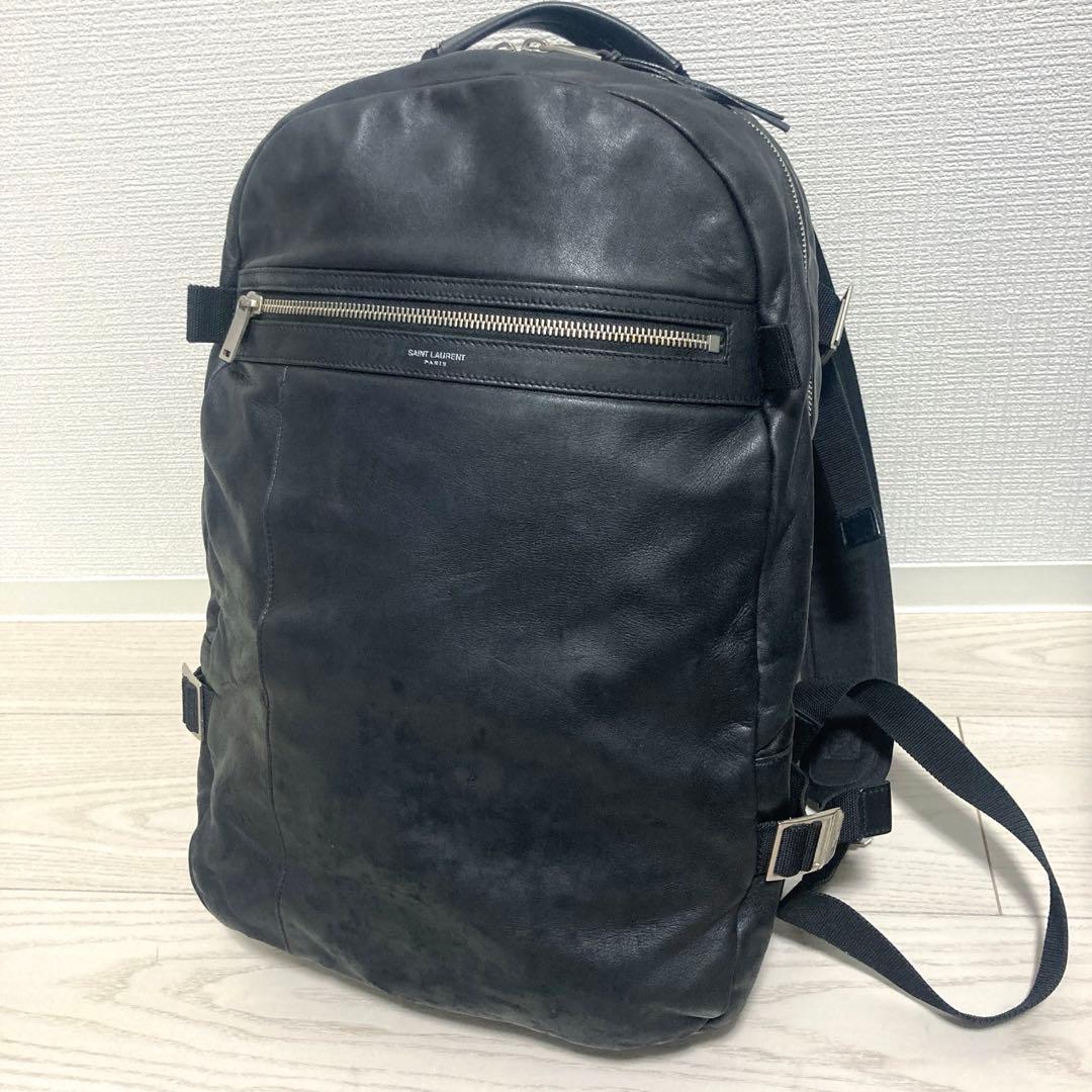 【美品】サンローランパリ　トレッキングバックパック　シティ　レザー　ロゴ　黒