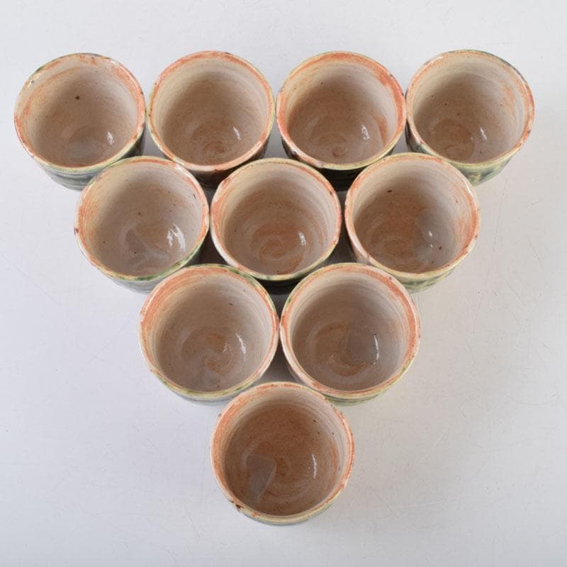 マサオ 煎茶道具　織部焼　煎茶碗　十客　陶印あり　時代箱　V　9069