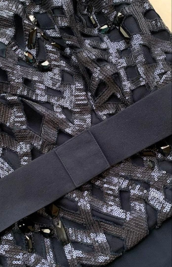 qsg ネイビー オフショルダーパーティードレス