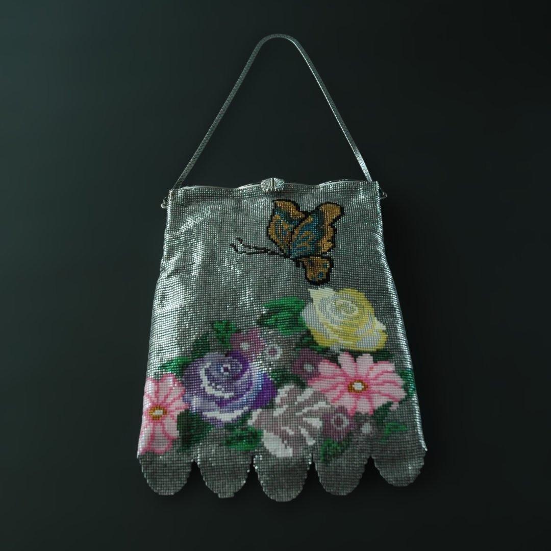 蝶と花のデリカビーズ織ハンドバッグ