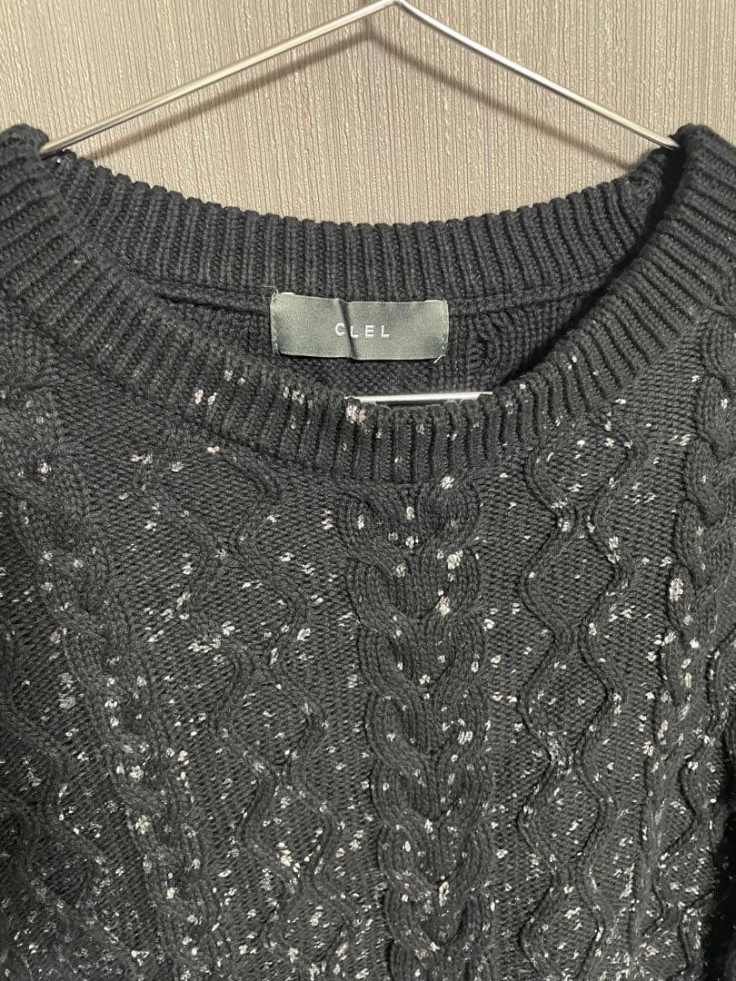 CLEL 箔プリントケーブルクルーネックニット　ブラック　L 中古品