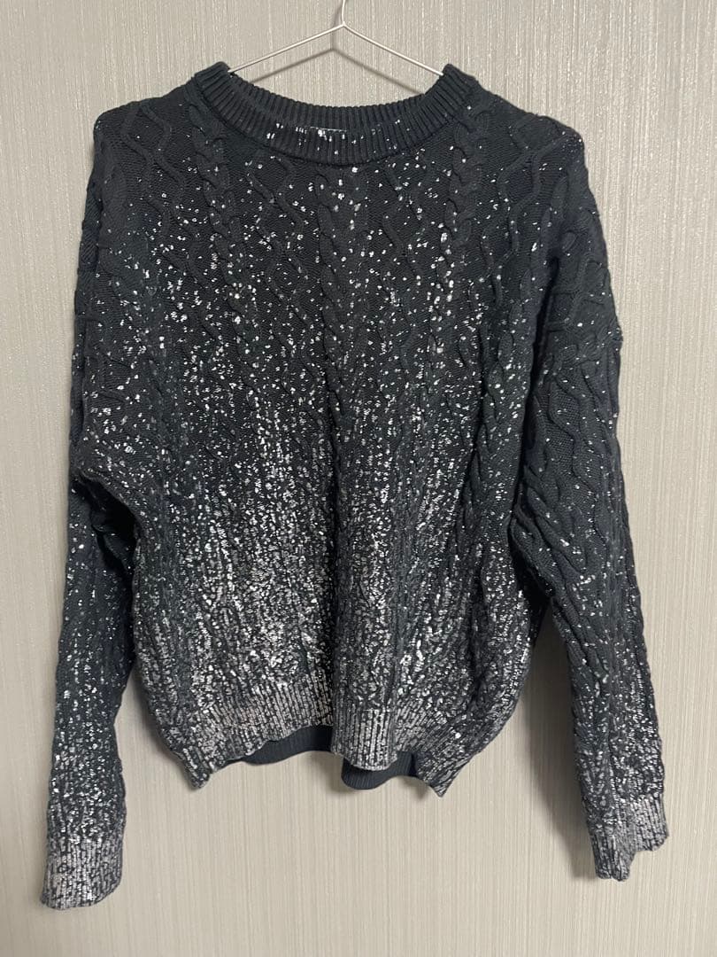 CLEL 箔プリントケーブルクルーネックニット　ブラック　L 中古品