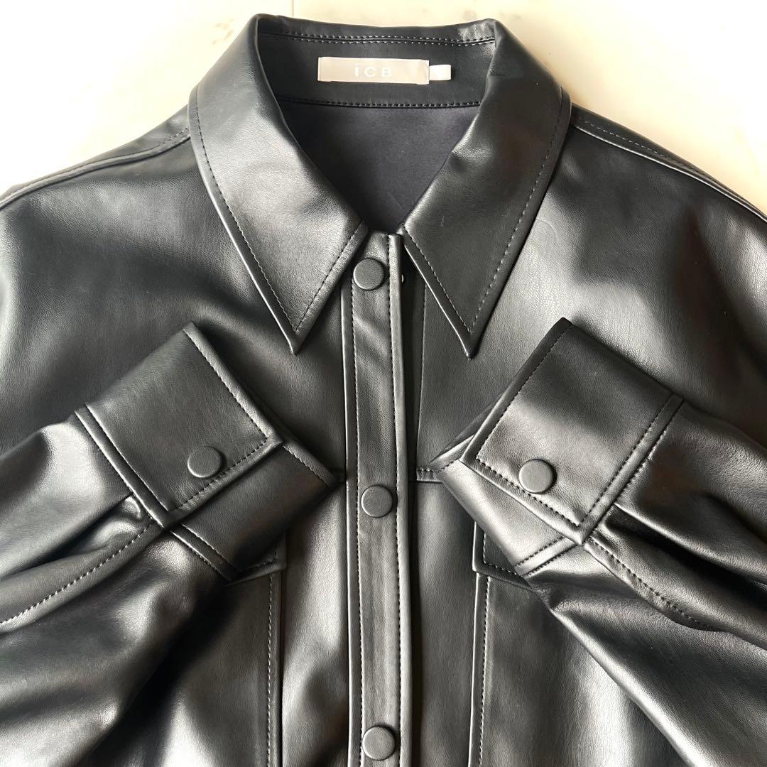 美品 ICB 洗える L ベルト付 ブルゾン 黒 フェイクレザー ジャケット