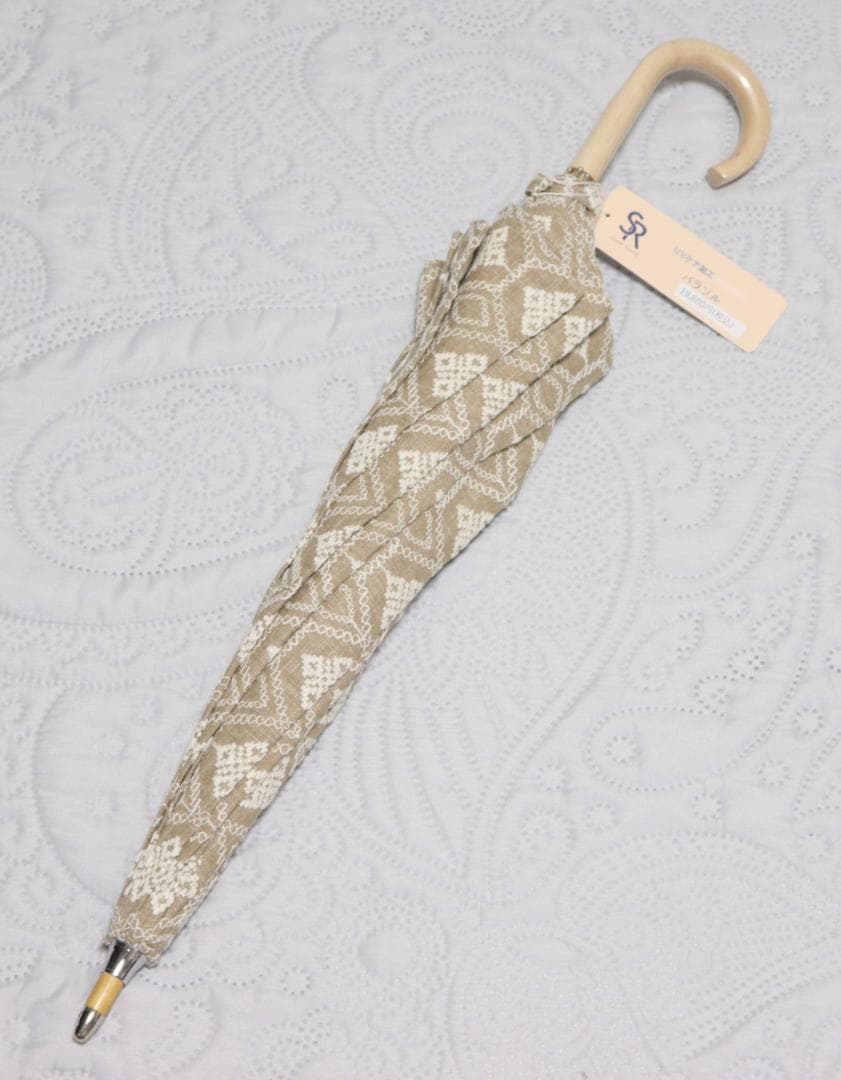 新品【長傘 日傘】綿100％ 高級感 幾何学立体総刺繍 木製 日傘 日本製