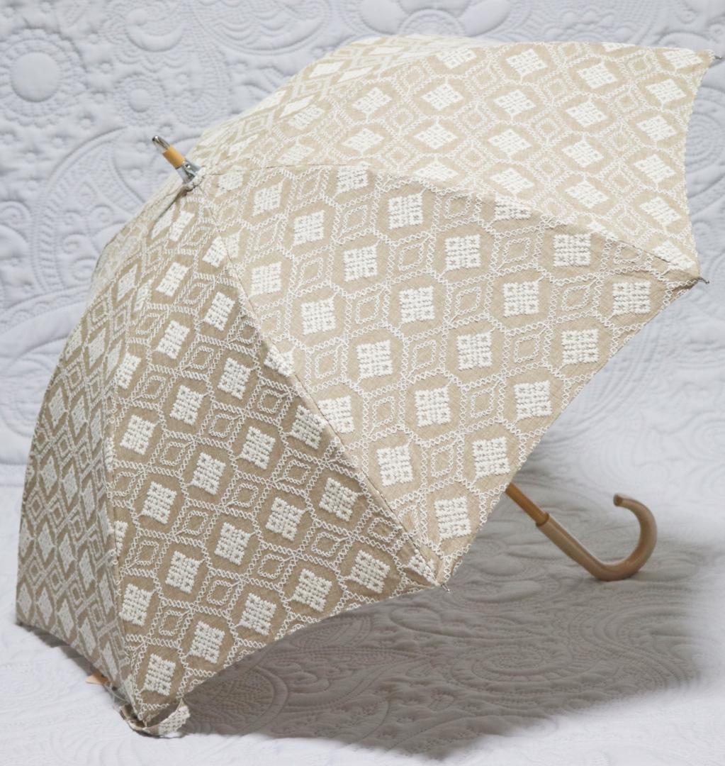 新品【長傘 日傘】綿100％ 高級感 幾何学立体総刺繍 木製 日傘 日本製