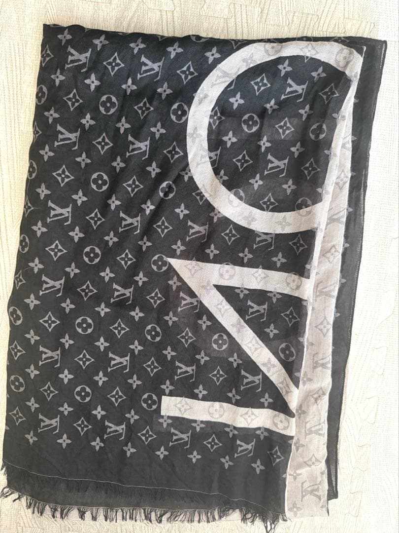 LOUIS VUITTON ショール ブラック グレー モノグラム柄