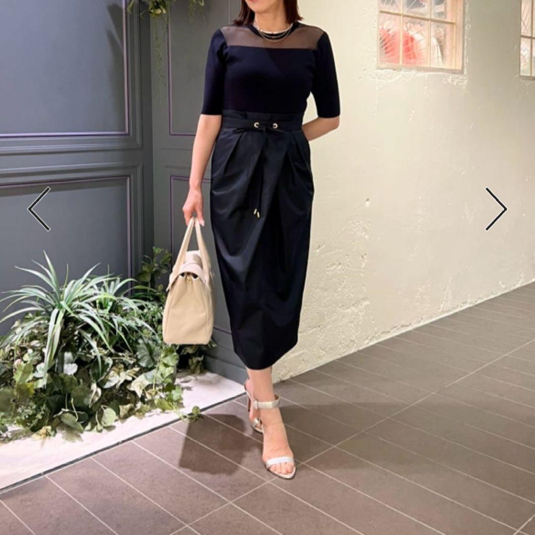 ピンキー＆ダイアンニットコンビタフタワンピース38ネイビー