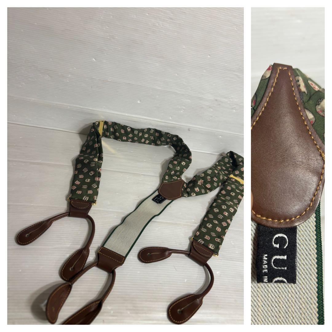 GUCCIグッチ伊製サイコロダイス柄シルク×本革サスペンダーベルト緑グリーン
