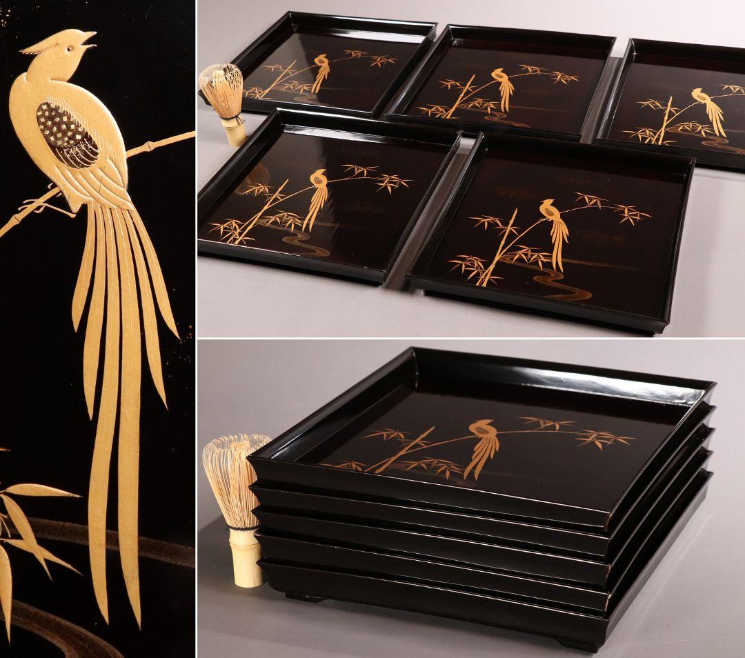 CM81 時代木製漆器 流水笹竹尾長鳥 金蒔絵 黒塗 四方膳 足付 五客 吸物膳