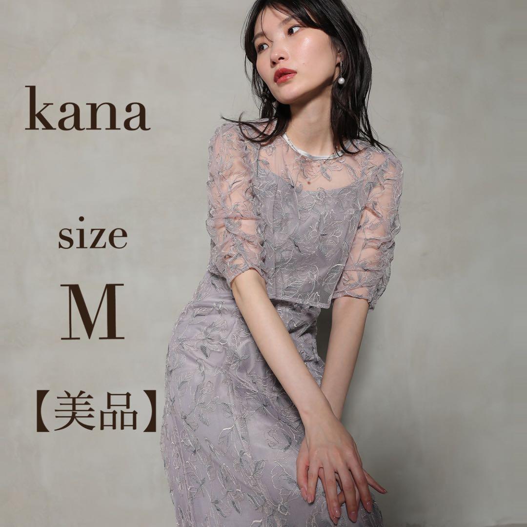 美品　人気　カナ　シャーリングスリーブ総レースフェミニンパーティードレス M