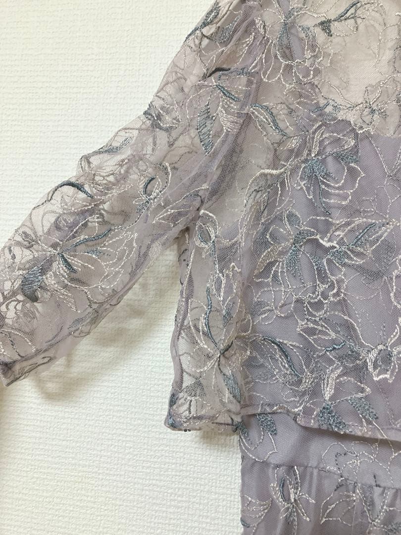 美品　人気　カナ　シャーリングスリーブ総レースフェミニンパーティードレス M