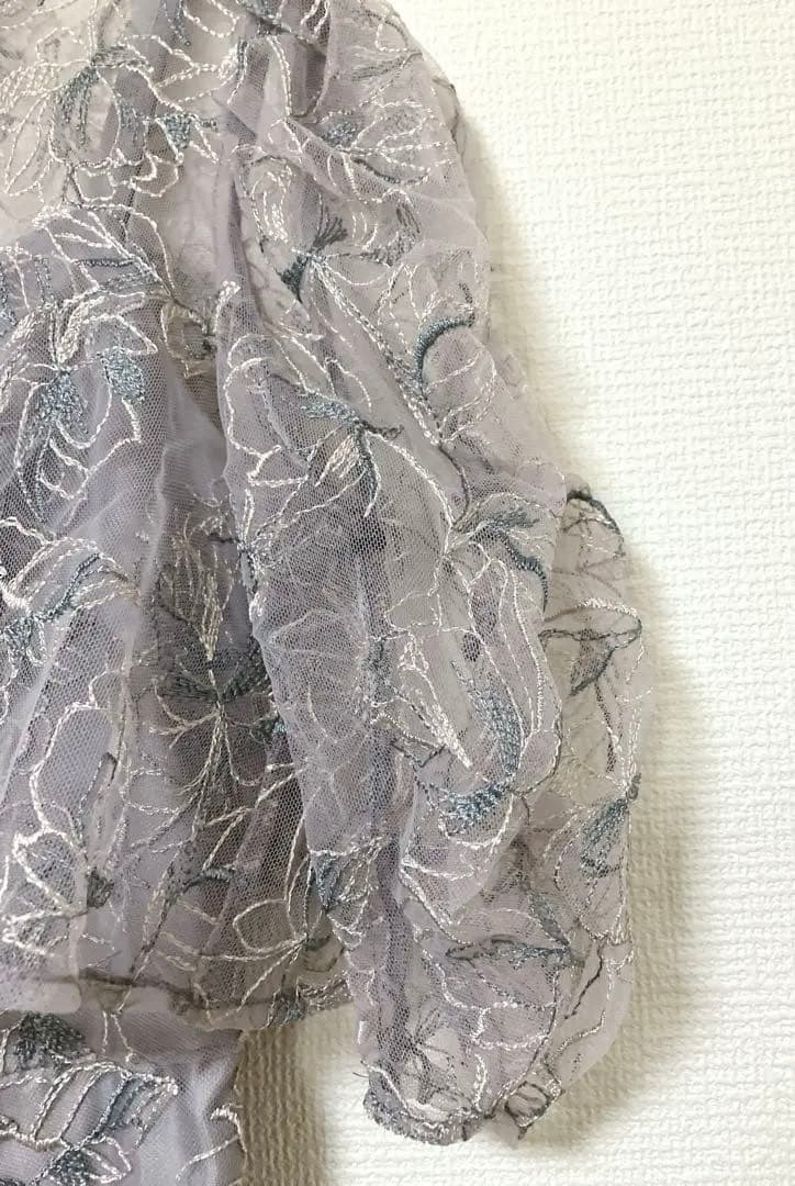 美品　人気　カナ　シャーリングスリーブ総レースフェミニンパーティードレス M