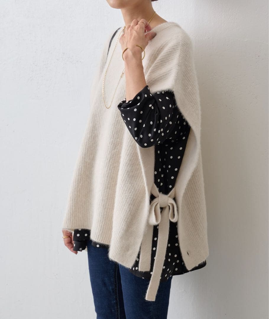 定価3.96万 ビアズリー ファーヤーンニットポンチョ アイボリー 上質ニット