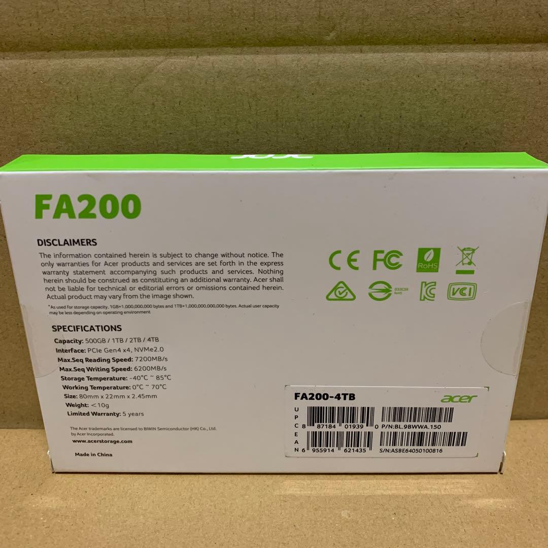 新品未開封　4TB♡Acer M.2 SSD FA200 PCIe Gen4×4