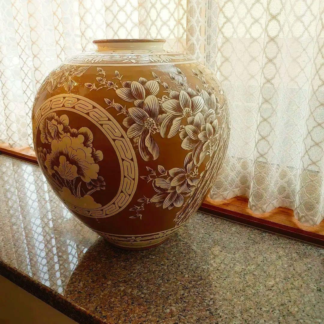 【未使用】菊堂　サイン入り　陶芸　菊孔雀大壺　一点物　50✕40cm
