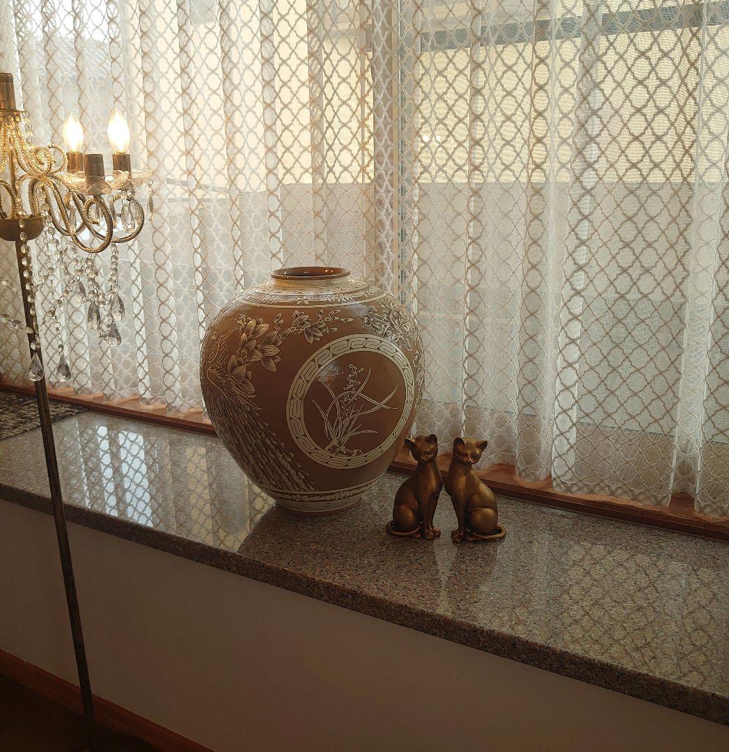 【未使用】菊堂　サイン入り　陶芸　菊孔雀大壺　一点物　50✕40cm