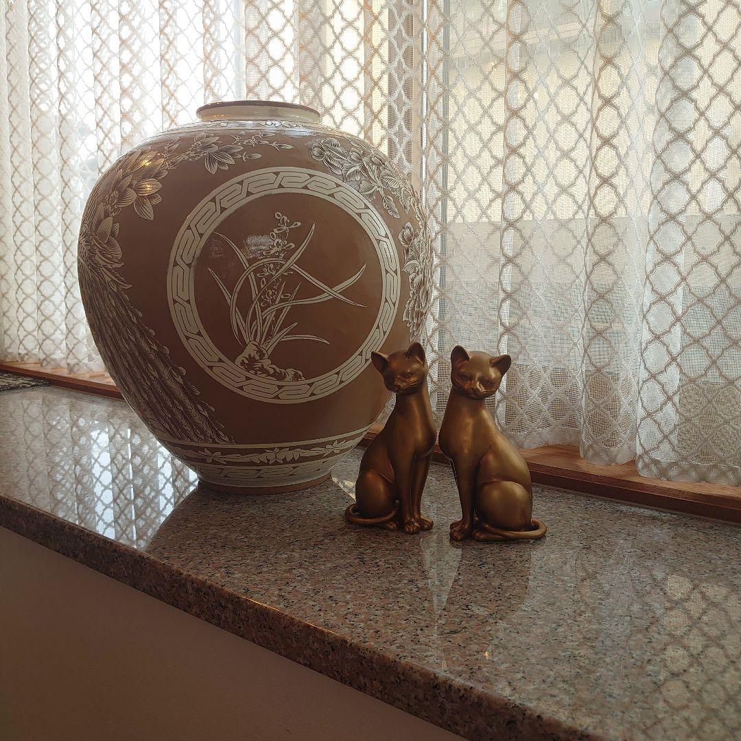 【未使用】菊堂　サイン入り　陶芸　菊孔雀大壺　一点物　50✕40cm