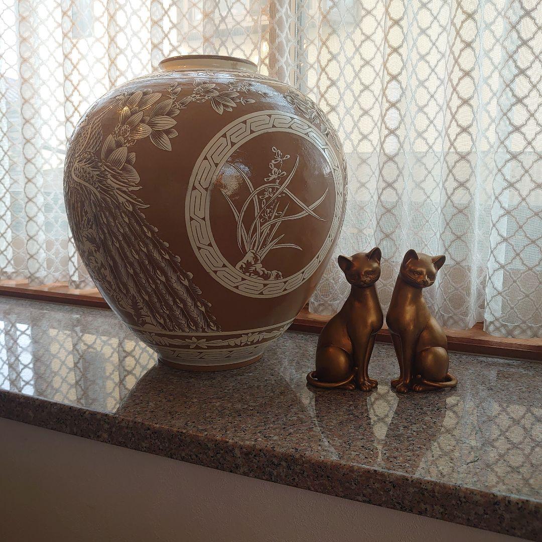 【未使用】菊堂　サイン入り　陶芸　菊孔雀大壺　一点物　50✕40cm