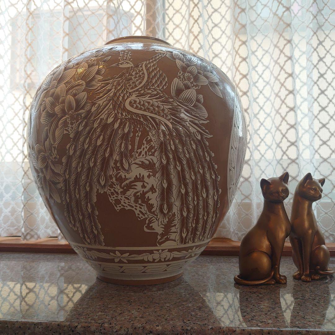 【未使用】菊堂　サイン入り　陶芸　菊孔雀大壺　一点物　50✕40cm