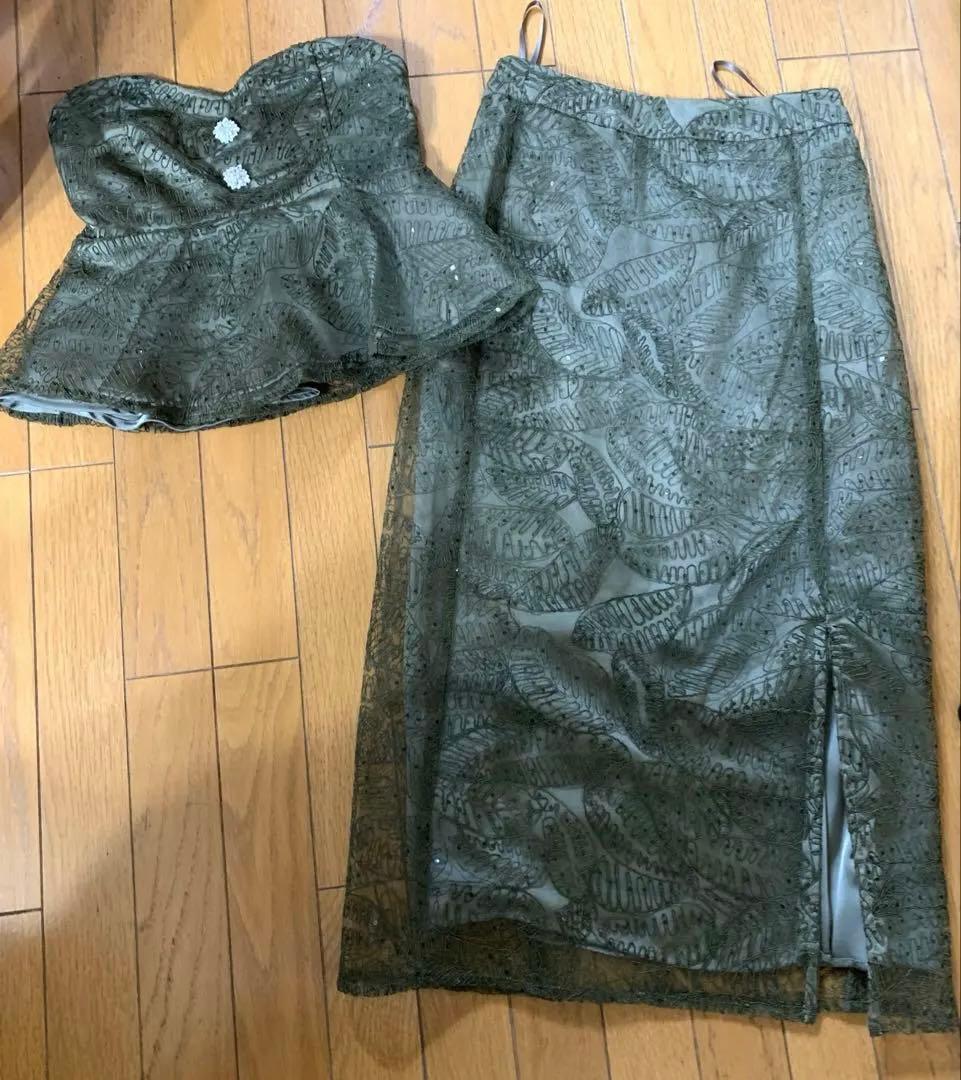 LEJA スパンコールビジューボタンセットアップワンピースドレス GREEN M