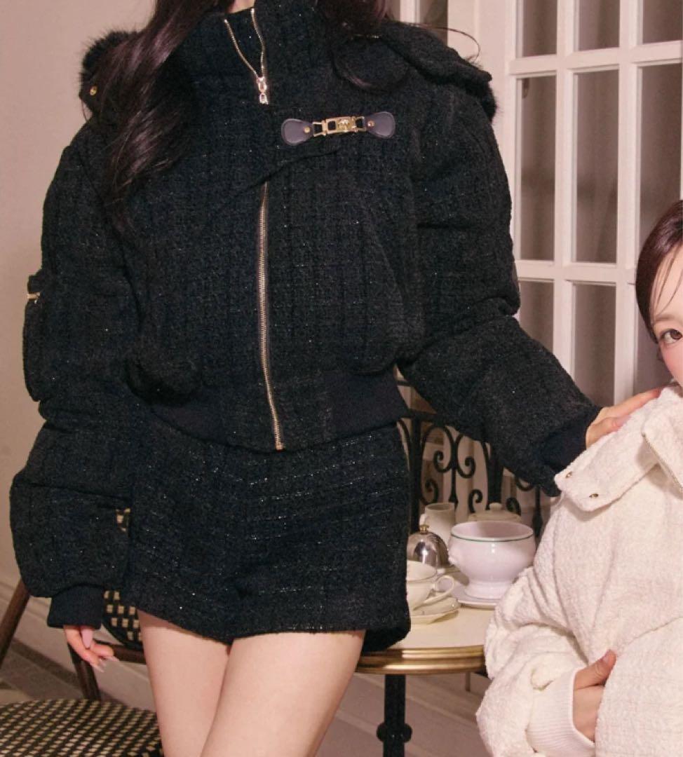 アシンメトリーバックルツイードパデットジャケット randy アウター