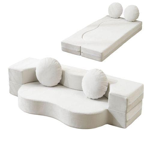 【ホワイト】2人掛けソファベッド 組立て不要 フロアソファ コンパクト