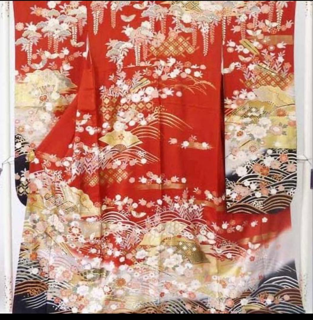 【中古品】振袖・エンジ下黒波【b232】/成人式/卒業式/結婚式/