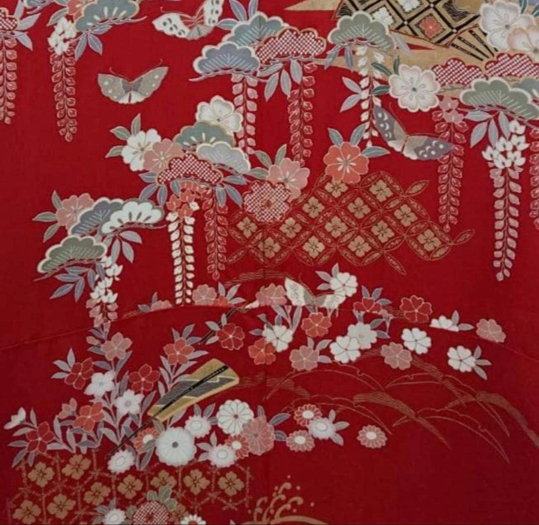 【中古品】振袖・エンジ下黒波【b232】/成人式/卒業式/結婚式/