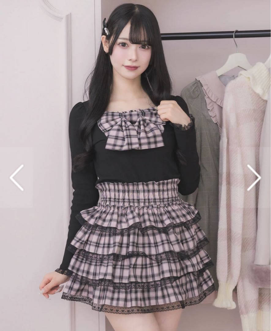 pium チェックリボンカットソー シャーリングティアードチェックスカート