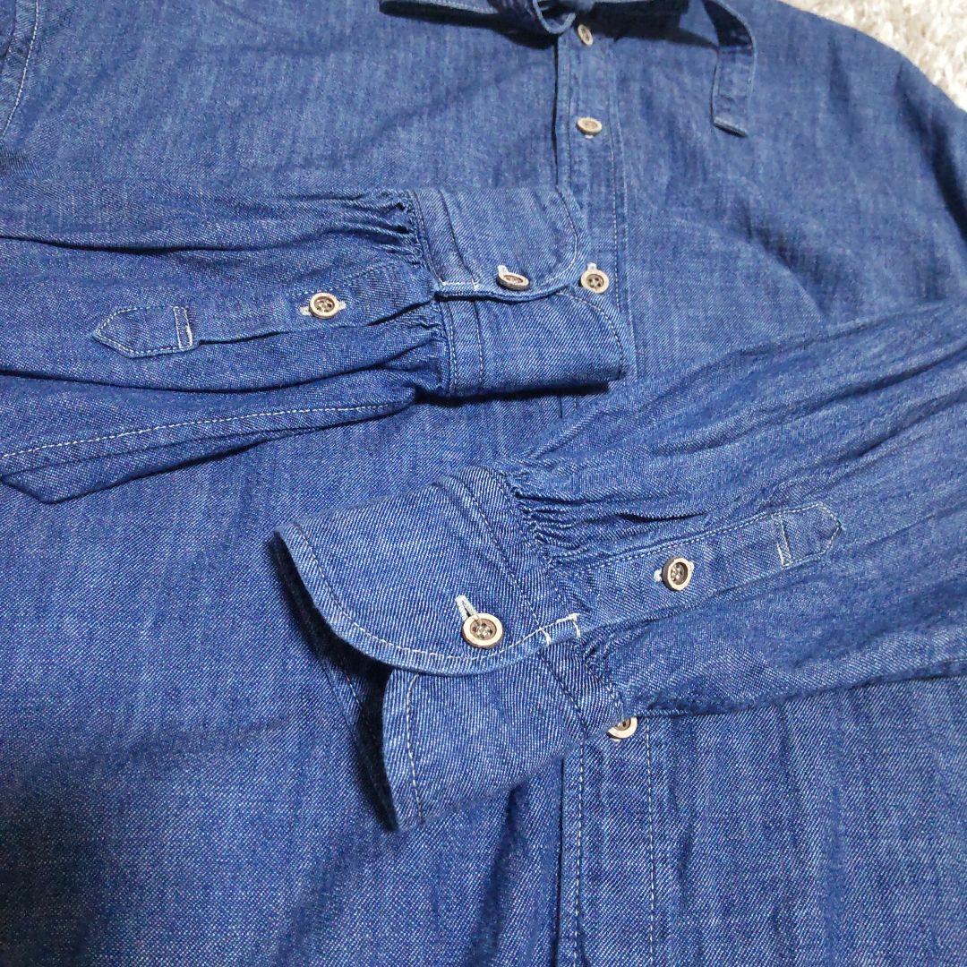 45R 瑠璃ダンガリーデニムのボウタイクッペシャツ（加工）
